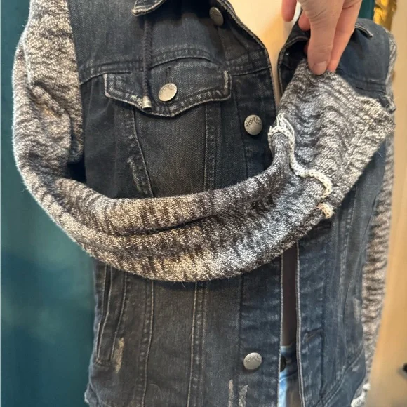 Free People Black Denim Jacket with Gray Knit Sleeves - Picture 2 of 4